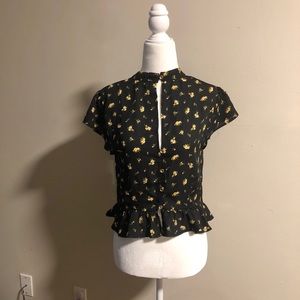 Black Floral Ruffle Short Sleeve Crop Top
